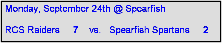 Text Box: Monday, September 24th @ Spearfish

RCS Raiders     7    vs.   Spearfish Spartans     2      
