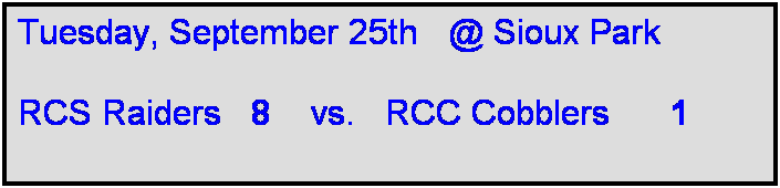 Text Box: Tuesday, September 25th   @ Sioux Park

RCS Raiders   8    vs.   RCC Cobblers      1  
