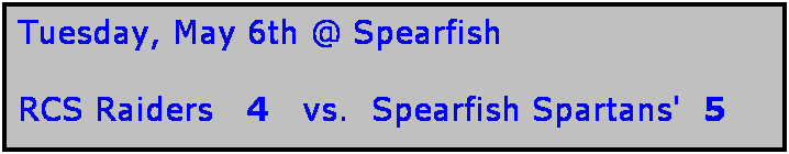 Text Box: Tuesday, May 6th @ Spearfish

RCS Raiders   4   vs.  Spearfish Spartans'  5
