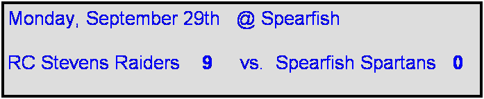 Text Box: Monday, September 29th   @ Spearfish

RC Stevens Raiders    9     vs.  Spearfish Spartans   0  
