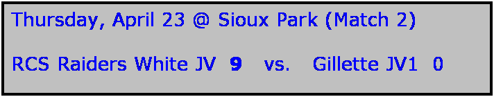 Text Box: Thursday, April 23 @ Sioux Park (Match 2)

RCS Raiders White JV  9   vs.   Gillette JV1  0
