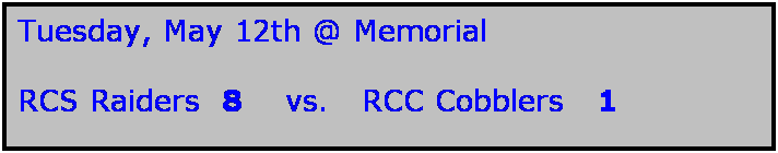 Text Box: Tuesday, May 12th @ Memorial

RCS Raiders  8    vs.   RCC Cobblers   1 

