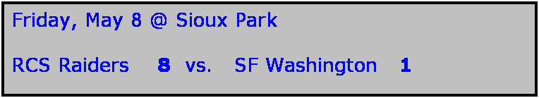 Text Box: Friday, May 8 @ Sioux Park

RCS Raiders    8  vs.   SF Washington   1
