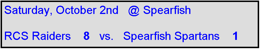 Text Box: Saturday, October 2nd   @ Spearfish

RCS Raiders    8   vs.   Spearfish Spartans    1  
