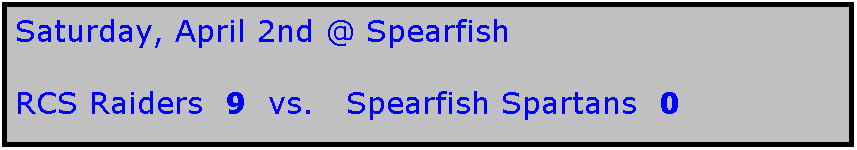 Text Box: Saturday, April 2nd @ Spearfish

RCS Raiders  9  vs.   Spearfish Spartans  0
