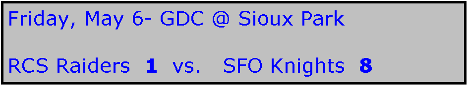 Text Box: Friday, May 6- GDC @ Sioux Park

RCS Raiders  1  vs.   SFO Knights  8
