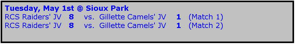 Text Box: Tuesday, May 1st @ Sioux Park
RCS Raiders' JV   8    vs.  Gillette Camels' JV    1   (Match 1)
RCS Raiders' JV   8    vs.  Gillette Camels' JV    1   (Match 2)
