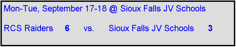 Text Box: Mon-Tue, September 17-18 @ Sioux Falls JV Schools

RCS Raiders     6      vs.      Sioux Falls JV Schools      3    
