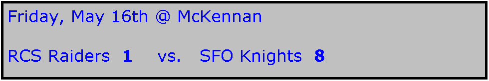 Text Box: Friday, May 16th @ McKennan

RCS Raiders  1    vs.   SFO Knights  8
